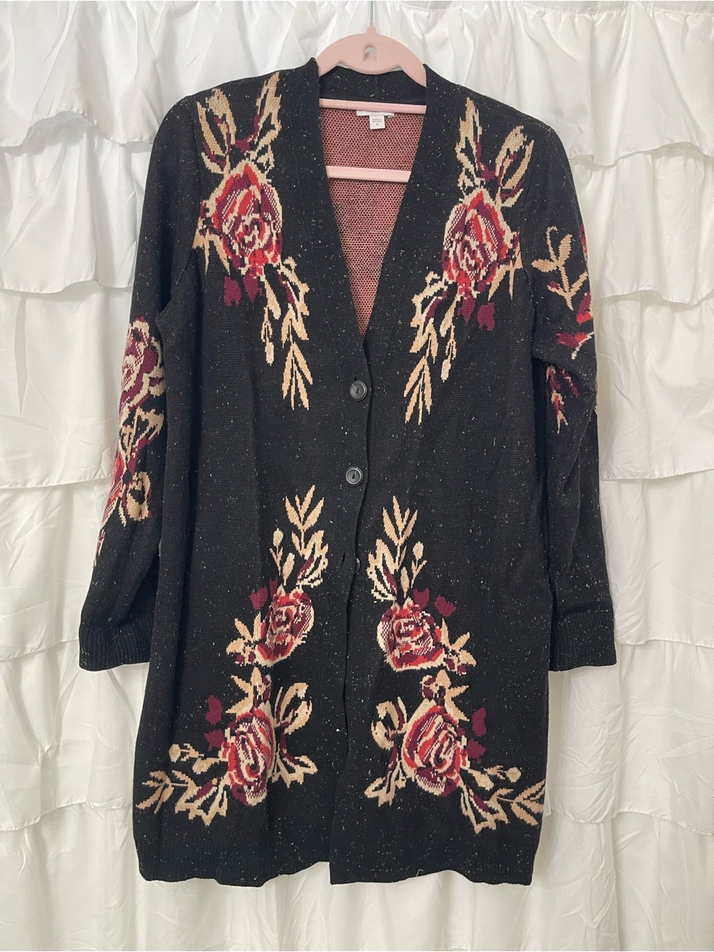 J. Jill Black Floral Intarsia Long Cardigan